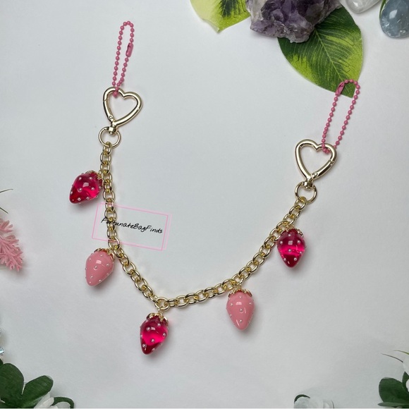 Heart Strawberry Bag Purse Charm Chain Swag Strap Hot Pink & Baby Pink Pearl - Picture 12 of 13
